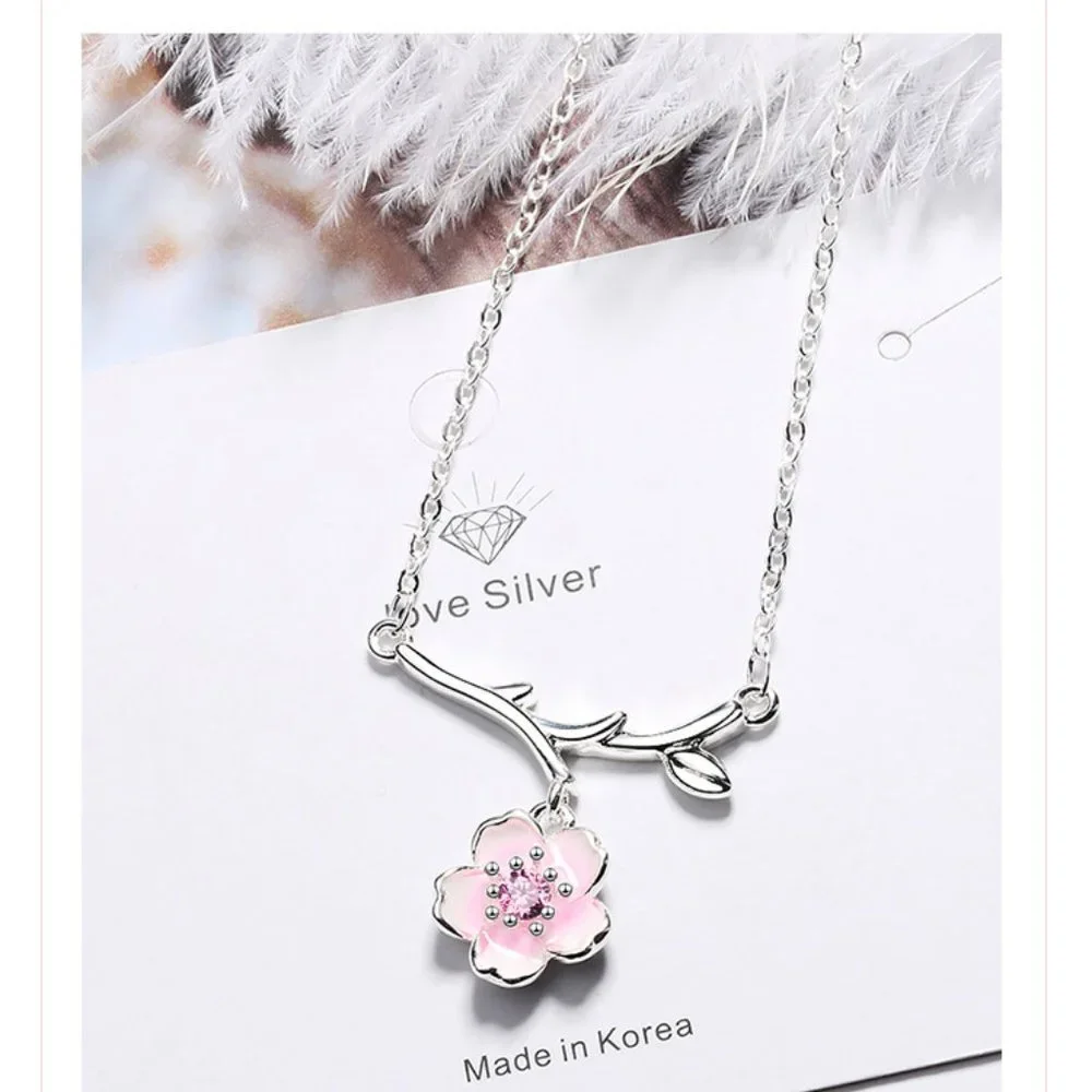 #NEW 925 Sterling Silver Pink White Diamond Cherry Blossom Leaf Branch Necklace
